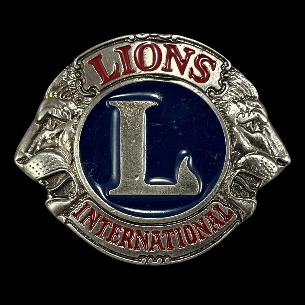 Belt Buckle Lions Club International Silver Tone Blue Red Enamel Lions Logo 2011